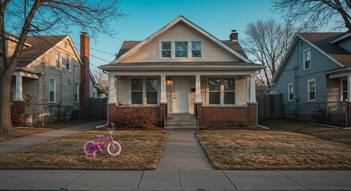 home in Hammond, Indiana with a pink bike in the yard