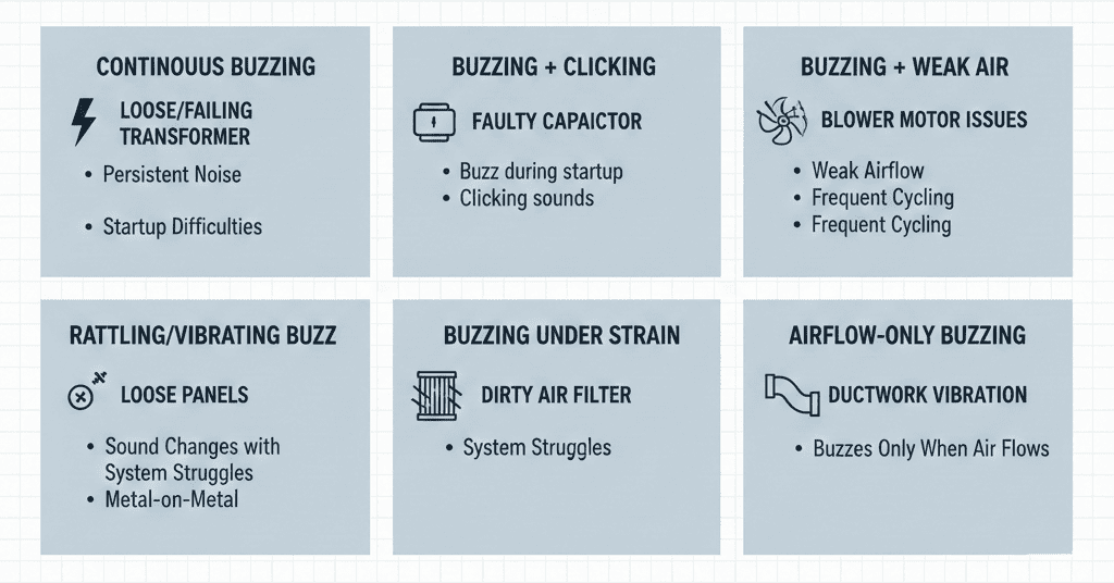 6 Cards Showing: Loose Transformer = Buzzing; Faulty Capacitor = Buzzing/Clicking; Blower Motor = Buzzing; Dirty Filter = Buzzing; Loose Panels = Rattling; Ductwork = Buzzing.