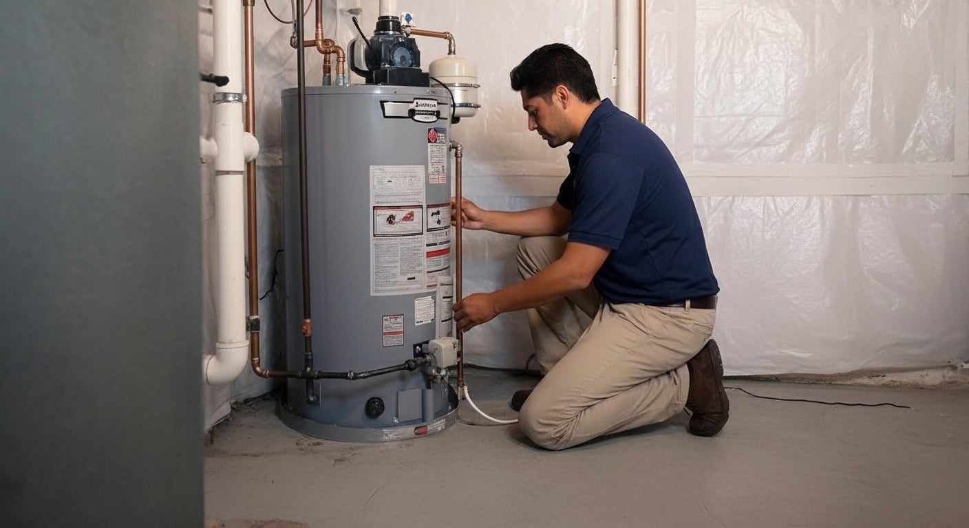 Licensed Four Seasons technician installing a new energy-efficient water heater in a Hammond home.