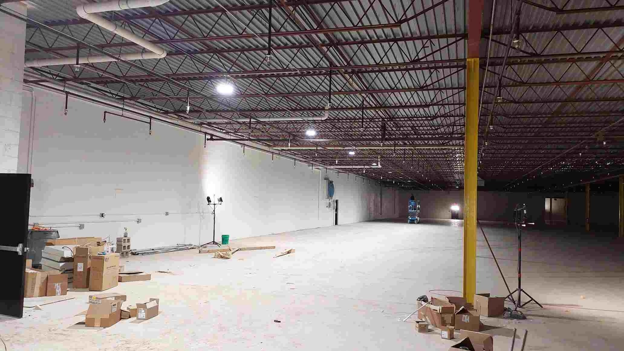 large commercial building with commercial lighting