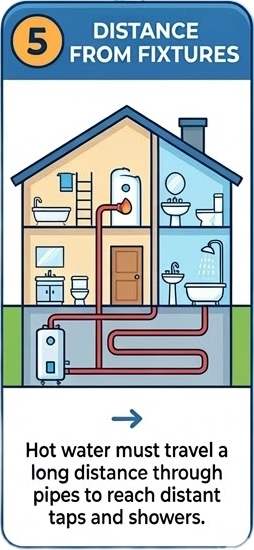 Illustration of home with water heater far from tub and other fixtures.