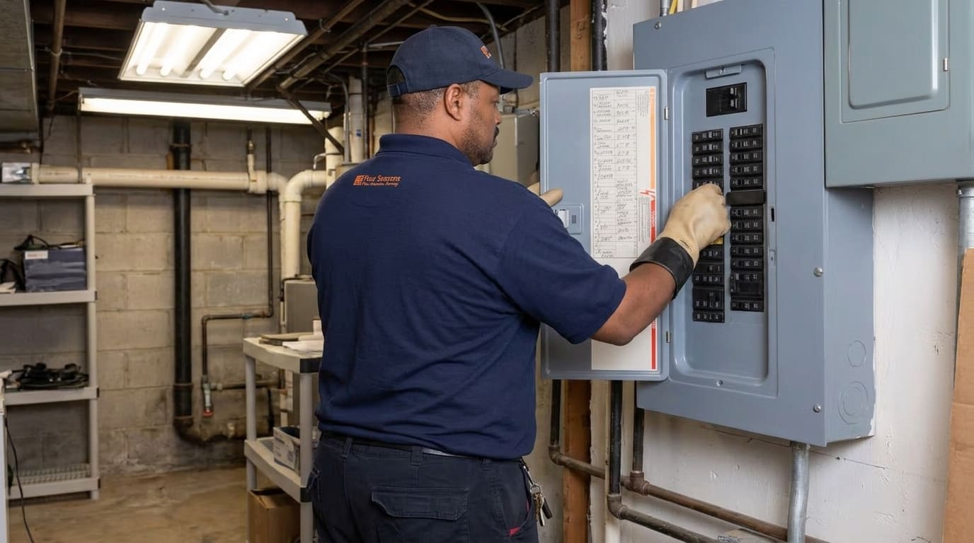 Four Seasons Electrician working on circuit breaker panel